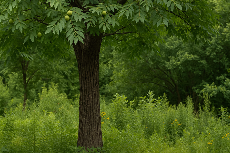 plants resistant to juglone Black walnut tree surrounded by juglone-tolerant plants in a lush green landscape